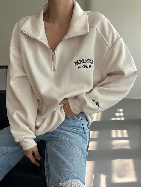 Beige Casual Collar Long Sleeve Fabric Letter Half Placket Embellished Slight Stretch  Women Sweatshirts Manche, Collar Sweatshirt Outfit, Half Zip Sweatshirt Outfit, Red Sweatshirt Outfit, Chic Sweatshirt Outfit, Blue Sweatshirt Outfit, Green Sweatshirt Outfit, White Sweatshirt Outfit, Pink Sweatshirt Outfit