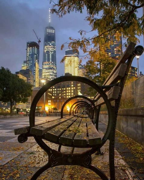 NYC Park Bench, Lower Manhattan Architectural Landmarks, Creative Composition, Photo New York, City Light, Autumn In New York, New York Photography, Park In New York, Big Cities, New York City Travel