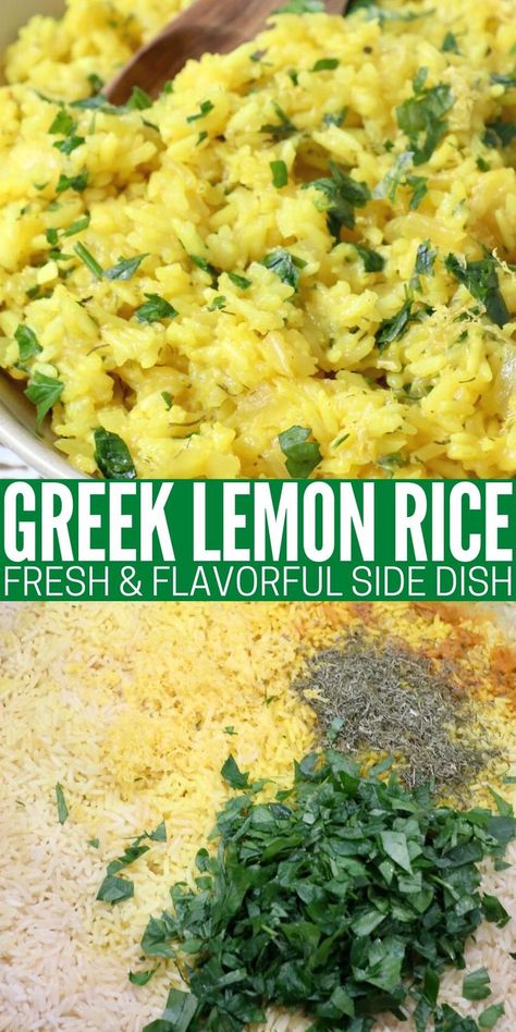 cooked lemon rice in bowl and uncooked lemon rice in pot with herbs and spices Lemon Wild Rice, Lemon Rice Recipes, Greek Rice Recipe, White Rice Dishes, Australian Foods, Lemon Rice Recipe, Rice Ideas, Greek Rice, Greek Lemon Rice