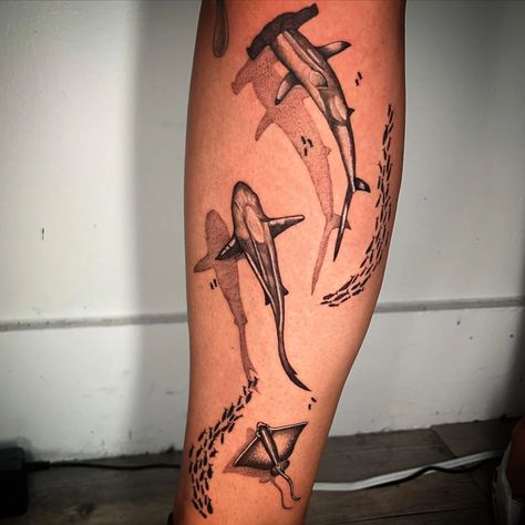 ocean bottom tattoo shark tattoo Small Shark Tattoo Men, Leg Sleeve Ocean, Bottom Tattoo, Leg Tattoos For Women, Leg Tattoo Designs, Tattoo Shark, Lower Leg Tattoos, Shark Tattoo, Ocean Tattoos