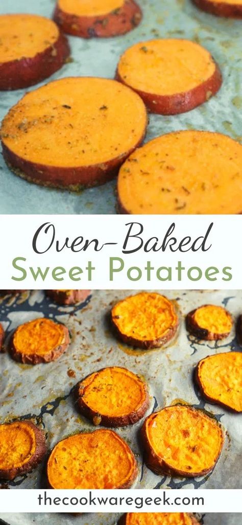 Oven-baked sweet potato slices. Easy, healthy and delicious side dish recipe that only needs 2 ingredients + 4 seasonings. Crispy outside and tender and yummy on the inside. Check how to make these roasted sweet potato rounds in your home!!! #sweetpotatorecipes #sidedish #healthyrecipe Baked Sweet Potato Oven, Roasted Sweet Potato Slices, Baked Sweet Potato Slices, Sweet Potato Oven, Sweet Potato Patties, Oven Roasted Sweet Potatoes, Sweet Potato Recipes Baked, Potato Slices, Baked Sweet Potatoes