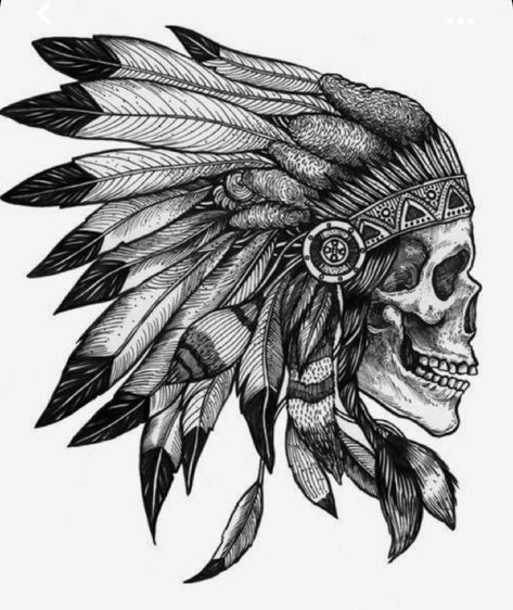 Skull With Feathers Tattoo, Feathers Tattoo, Tattoo Crane, Biomech Tattoo, Indian Skull Tattoos, Indian Tattoo Design, Headdress Tattoo, Tato Tradisional, Native American Tattoo