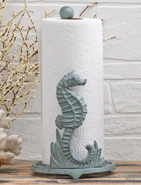 PRICES MAY VARY. 60 Day No Hassle Returns A Bella Coastal Decor Exclusive - Cast iron paper towel holder featuring a seahorse accent and a patina finish. 6 7/10"Dia. x 13"H. Metal Paper Towel Holder, Beach Hacks Clever Ideas, Beach Hacks For Adults, Rv Organization, Baby Beach, Beach Ideas, Beach Hacks, Patina Finish, Paper Towel Holder