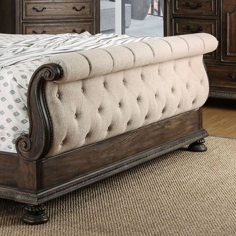 Tufted Sleigh Bed, Wood Sleigh Bed, Wood Sleigh, Beautiful Bed Designs, Upholstered Sleigh Bed, 5 Piece Bedroom Set, Sleigh Bedroom Set, Houses Ideas, Wood Daybed