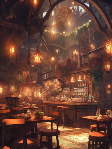 Fantasy Bar Concept Art, Fantasy Restaurant Art, Tavern Dnd Art, Fantasy Bar Aesthetic, Fantasy Tavern Interiors, Fantasy Cafe Concept Art, Fantasy Inn Exterior, Cabin Fantasy Art, Inn Fantasy Art