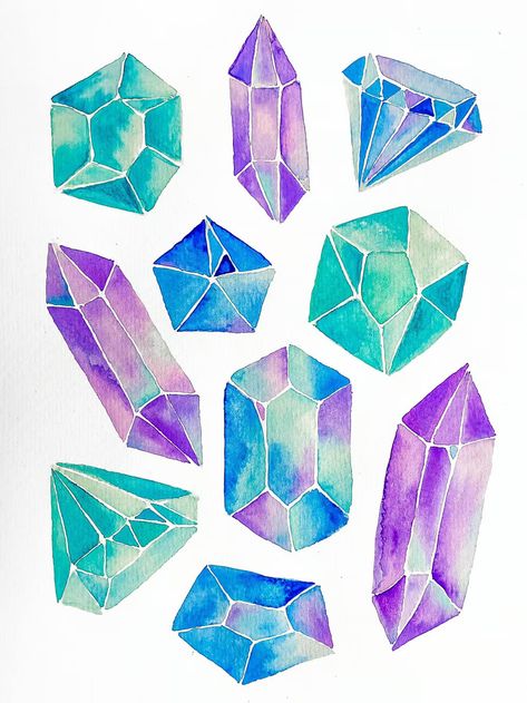 Crystals Art Drawing, Watercolor Gem, Crystals Watercolors, Crystal Illustration, Gem Drawing, Watercolor Calendar, Natural Form Art, Crystal Drawing, Doodle Paint