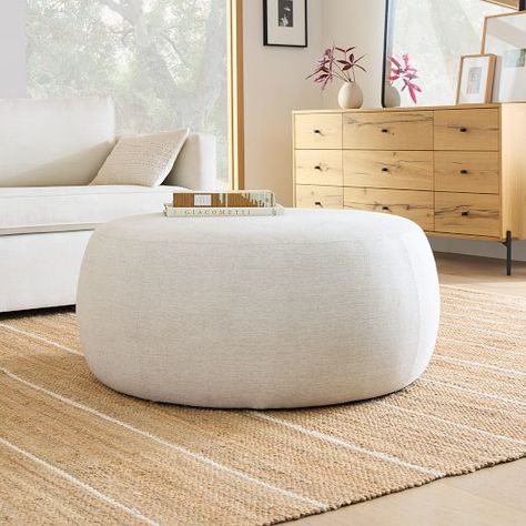 Ottomans & Footstools | West Elm Large Round Storage Ottoman, Round Ottoman Living Room, Modern Ottomans, Ottoman Large, Circle Ottoman, Round Ottoman Coffee Table, Large Round Ottoman, Beige Ottoman, Purple Room