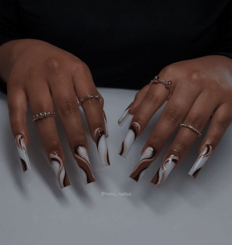 Hand Drawn Design Acrylic Nails, Brown White Nails Design, Simple Fall Nails Long, Earth Tone French Tip Nails, White And Brown Nails Design, Tan And Black Nails Design, Tan Acrylics, Brown And Blue Nails Design, Fall Nail Designs Black Women