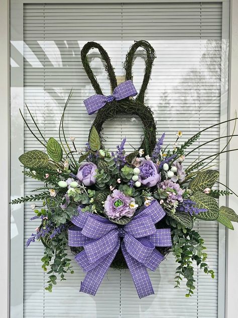 Bunny Wreath Diy, Hanging Greenery, Silk Flower Wreaths, Lavender Eucalyptus, Easter Spring Wreath, Purple Peonies, Easter Bunny Wreath, Floral Baskets, Bunny Decor