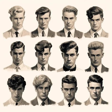 Hairstyles For Men Drawing Reference, 20s Male Hairstyles, 1950s Male Hairstyles, 1920s Male Hairstyles, 1950 Mens Hair, 60s Men Hairstyles, 1900s Hairstyles Men, 1940s Male Hairstyles, Victorian Mens Hairstyles