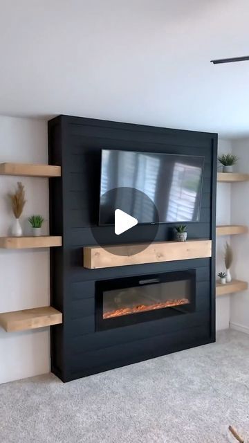 Black Fireplace Wall, Wall Units With Fireplace, Modern Fireplace Ideas Living Rooms, Before After Design, Built In Wall Units, Navy Living Rooms, Entry Closet, Media Room Design, Entry Mirror