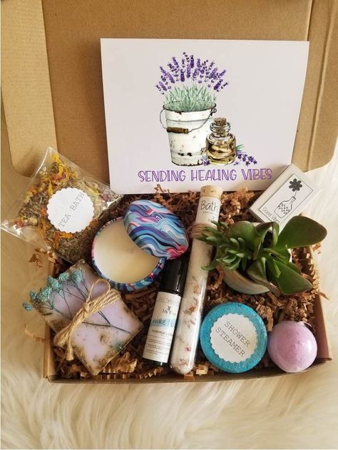 Healing vibes gift box, Thinking of you care package, spa gift basket, send healing vibes in a box, bath and beauty box, pamper yourself box. Everyone need some time to relax and recharge. Is it that time for you? a friend? a family member? someone you care about? 🌿 Take a load off and enjoy complete relaxation with this all-natural spa bundle in the calming scent of lavender 🌿 Gift box include: ❤ 1 LIVE SUCCULENT (in a beautiful 2.5 inches ceramic flowing glaze pot). ❤ 1 scented candle made f Natural Showers, Healing Vibes, Lavender Gifts, Spa Gift Basket, Roll On Bottles, Pamper Yourself, Succulent Care, Calming Scents, Lavender Buds