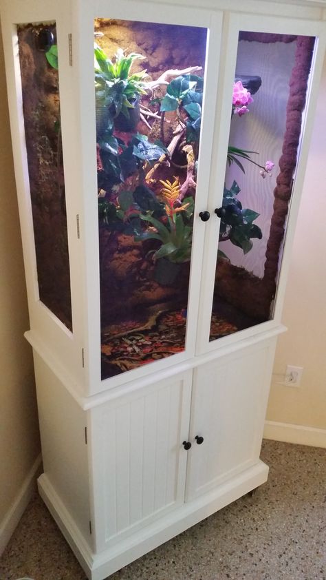 Finally finished! Fully repurposed DIY Chameleon Vivarium. Diy Reptile Enclosure, Chameleon Terrarium, Chameleon Enclosure, Chameleon Cage, Terrariums Diy, Diy Reptile, Snake Terrarium, Snake Enclosure, Bearded Dragon Habitat