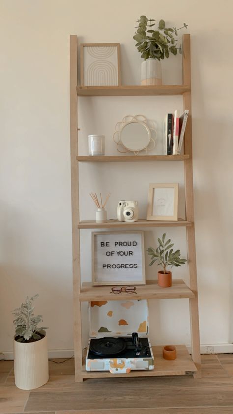 Bedroom With Ladder Shelf, Ladder Shelf Office, Ladder Shelf Styling Bedrooms, Shelf Nick Nacks, Style A Ladder Shelf, Tall Shelf Decor Bedroom, Shelf Astethic, Book Shelf Ideas Bedroom Aesthetic, Ladder Shelf Decor Bedroom Aesthetic