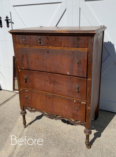 Shabby Chic Painted Furniture, Antique Tall Dresser Makeover, How To Paint Vintage Furniture, Refurbished Antique Furniture, Upcycle Antique Furniture, Refinishing Antique Furniture, Veneer Dresser Makeover, Antique Chest Of Drawers Makeover, Dramatic Furniture