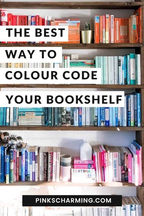 Books Color Organized, Ways To Organise Your Bookshelf, Rainbow Bookshelf Organization, Different Ways To Organize Your Bookshelf, Living Room Bookshelf Decor Ideas, Color Coordinated Books, Color Coded Library, Bookshelves Color Coded, Bookshelf By Color