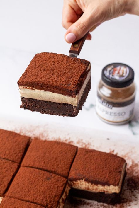 Tiramisu Brownies - Kitchen-by-the-Sea Brownie Flavors, Tiramisu Brownies, Edd Kimber, Cocoa Powder Brownies, Espresso Brownies, Classic Tiramisu, Espresso And Cream, Unsweetened Cocoa Powder, Mascarpone Cream