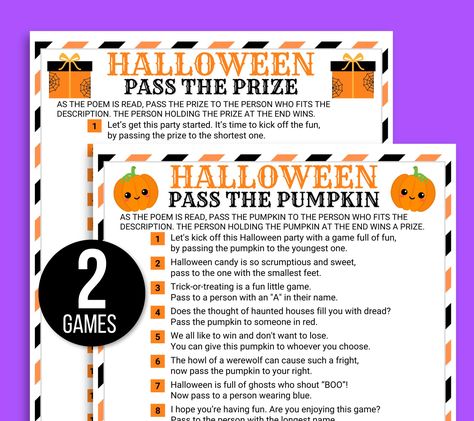 Are you hosting a Halloween party? Are you searching for a fun Halloween party game for your next event? Well, look no further than this Halloween Pass the Pumpkin Game which contains two completely unique pass the pumpkin/pass the prize games with completely different verses. You can play one game and then play the other. You won't find any repeating verses or rhymes, so you can play both games with the same group of players. Pass the Prize Thanksgiving Games: https://proudpracticalprints.etsy. Left Right Halloween Story Game, Pass The Pumpkin Game, Prize Games, Pass The Pumpkin, Pass The Prize Game, Pumpkin Game, Pumpkin Poem, Halloween Bingo Game, Halloween Bingo Cards