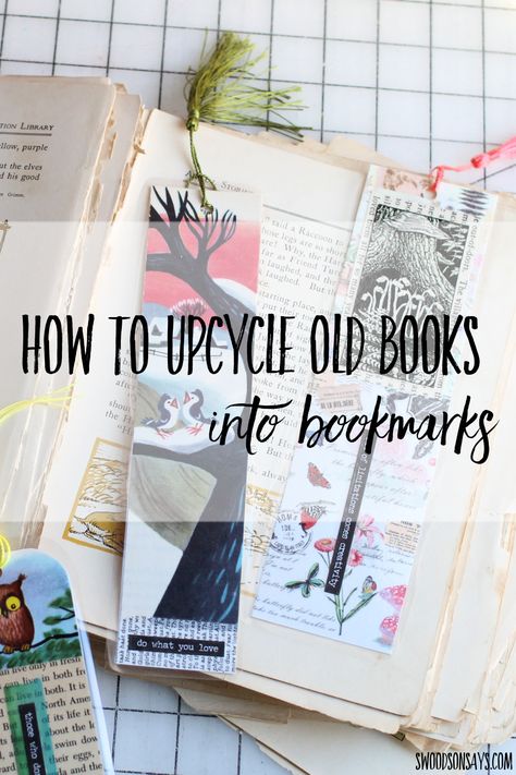 Easy upcycle craft tutorial for how to make bookmarks from old books. A fun book page upcycle craft great for all ages! Crafts Using Old Book Pages, Recycled Paper Bookmarks, Diy With Old Books, Crafts To Do With Book Pages, Diy Bookish Crafts, Crafts With Book Pages, Book Craft Ideas, Recycled Book Crafts, Bookish Crafts