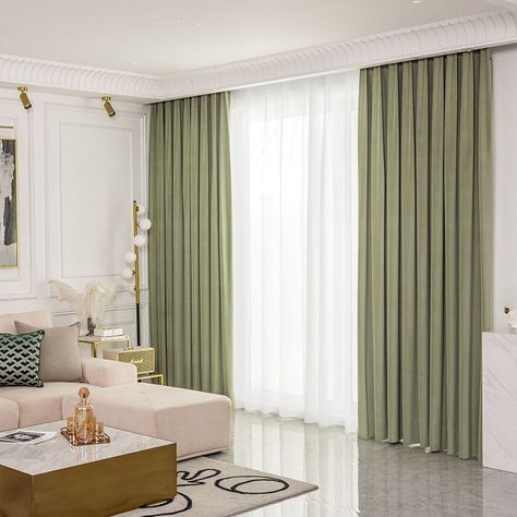 Light Green Curtains, Green Curtains Living Room, Green Curtains Bedroom, Olive Green Curtains, White Sofa Living Room, Bedroom Nordic, Nordic Retro, Color Shading, Herringbone Texture