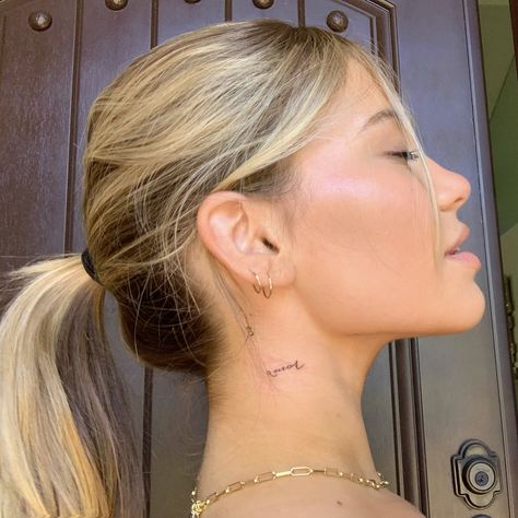 Neck Tattoo Women Small, Single Needle Neck Tattoo, Women Small Neck Tattoo, Neck Placement Tattoos, Tiny Angel Number Tattoo, Small 333 Tattoo, Small S Tattoo, Amor Neck Tattoo, 333 Tatoos