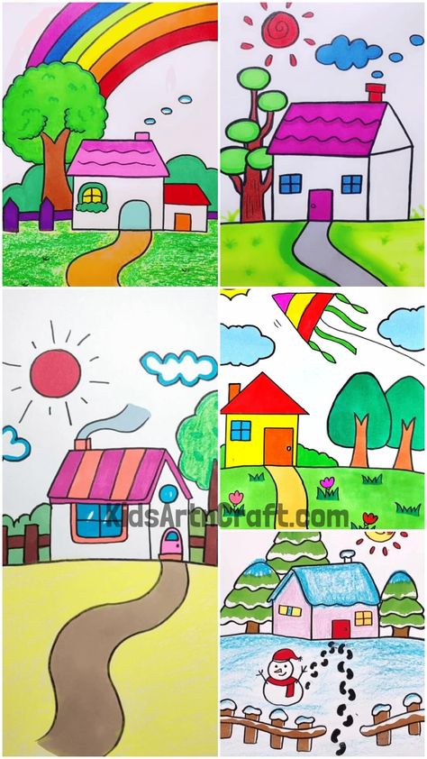 Draw Beautiful Sceneries With Some Vibrant Colors Check more at https://www.kidsartncraft.com/draw-beautiful-sceneries/ Landscape Drawing For Kids, How To Draw Painting, Doll Template, Easy Cartoon, 5th Class, Easy Cartoon Drawings, Paper Doll Template, Landscape Drawings, Easy Drawing