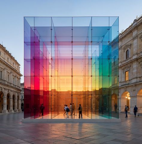 Viewing a transparent cubic structure with a gradient from red to blue, reflecting the sunset sky, juxtaposed with classic architecture around it. Colorful Glass Architecture, Cube Installation Art, Colored Glass Architecture, Prism Architecture, Transparent Architecture, Expressive Architecture, Artistic Building, Cube Interior Design, Color In Architecture