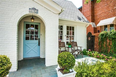 1930s Cottage, Attic Truss, Brick Arches, House Types, Brick Porch, New House Exterior, Wooden Beams Ceiling, Blue Shutters, Brick Arch