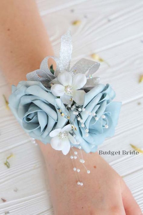 Megan Corsage - #WC011 - $26.50 Prom Corsage Blue, Baby Blue Wedding Theme, Mother Of Bride Corsage, Prom Flowers Corsage, Blue Corsage, Homecoming Flowers, Wrist Corsage Prom, Prom Corsage And Boutonniere, Baby Blue Weddings