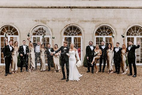 Wedding party Champagne Bridesmaids Black Groomsmen, Champagne Bridesmaid Dresses Black Tuxes, Black Gold Bridesmaid Dresses, Black And Gold Bridesmaids Dresses, Gold And Black Bridesmaid Dresses, Black And Champagne Wedding Colors, Champagne And Black Wedding, Black Tie Bridesmaid Dresses, Champagne Gold Bridesmaid Dresses