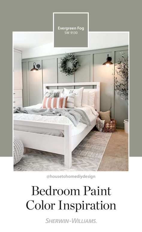 Farmhouse Paint Colors For Bedroom, Eventide Sherwin Williams Bedroom, Top Bedroom Paint Colors 2022, Ever Green Fog Sherwin Williams, Sage Green Master Bed, Master Bedrooms With Accent Wall Paint, Sw Evergreen Fog Bedroom, White Bedroom With Accent Wall, Evergreen Fog Accent Wall Bedroom