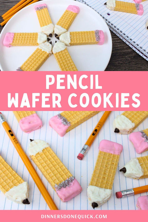 Get creative with these Pencil Wafer Cookies, perfect for back-to-school season! These adorable and easy-to-make cookies are a fun treat for kids and a great addition to any classroom party or lunchbox. Made with wafer cookies, candy melts, and a little bit of chocolate chips, these pencil-shaped treats are sure to be a hit. Make your back-to-school celebrations extra special with these delightful cookies. 🍪📚 Click to get the full recipe and start baking today! #BackToSchool #PencilCookies Pencil Cookies, Easy To Make Cookies, Lunchbox Treats, School Treats, Wafer Cookies, School Snack, School Pencils, School Celebration, Vanilla Cookies