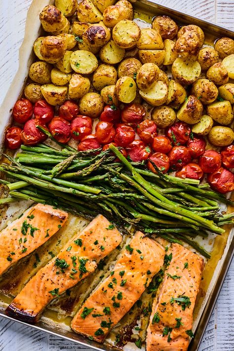 Sheetpan Salmon and Potatoes With Veggies | Olive & Mango Salmon Veggie Bake, Pan Baked Veggies, Salmon And Roasted Potatoes, Salmon Veggies One Pan, Salmon Asparagus Potatoes, Salmon And Potato Bake, Sheet Pan Salmon And Potatoes, Baked Salmon And Potatoes, Lunch Ideas Salmon