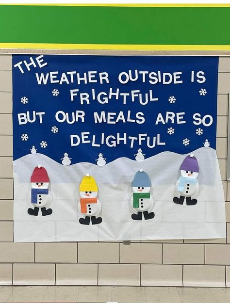 Cafeteria Board Ideas, Christmas School Cafeteria Decorations, Christmas Bulletin Boards For School Cafeteria, Halloween Cafeteria Bulletin Boards, School Cafeteria Halloween Decorations, Thanksgiving Cafeteria Bulletin Boards, Winter Cafeteria Bulletin Boards, Cafeteria Bulletin Board Ideas Food, Lunch Lady Door Decorations