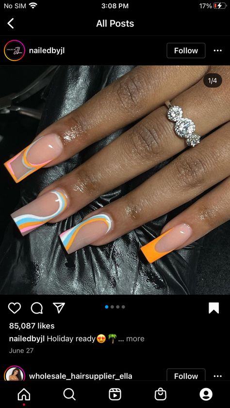 Orange And Blue Aesthetic Nails, Orange French Nail Designs, Vacation Nails Medium Length, Summer Acrylic Nails Black Women, Vacation Nail Set, Summer Nail Inspo Black Women, Medium Nail Designs Summer, Cute Nail Designs For Summer Short, Unique Spring Acrylic Nails