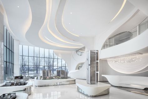 Yongjia Sales Center by PAL Design Group, Wenzhou – China » Retail Design Blog Laoag, Sales Center Interior Design, Futuristic Kitchen Design, Futuristic Bedroom, Futuristic Interior Design, Plafon Gypsum, Hotel Lobby Design, Lobby Interior Design, Sales Center