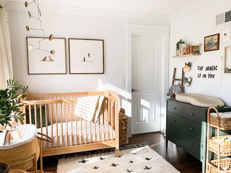 Mid Modern Nursery, Minimalist Nursery Ideas, Mid Century Modern Nursery, Nursery Tour, Wooden Cribs, Geometric Rugs, Green Dresser, Tiny Room, Scandinavian Nursery