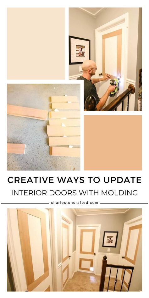 Interior Doors Ideas Diy, 2 Tone Interior Doors, Transform Flat Panel Doors, Bedroom Door Trim Ideas, Trim Doors Interior Diy, Upgrade Indoor Doors, Upgrading Flat Panel Doors, Adding Trim To Hollow Core Doors, Update Flat Interior Doors