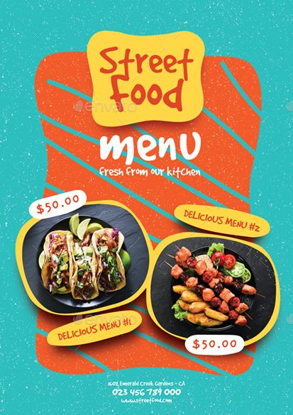 Street Food Menu Preview - GraphicRiver Street Menu Design, Food Poster Ideas Creative, Food Post For Instagram, Product Menu Design, Food Posts Design, Street Food Poster Design, New Menu Poster Design, Street Food Logo Design Ideas, Food Creative Posters