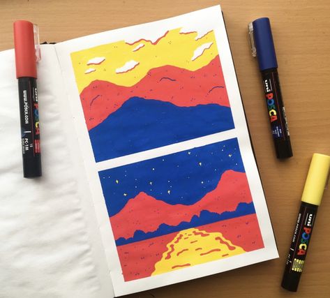 3 Color Illustration, Posca Landscape, Paint Swatch Art, Landscape Pencil Drawings, Posca Marker, Pop Art Canvas, Ipad Drawings, Graphic Novel Art, Posca Art