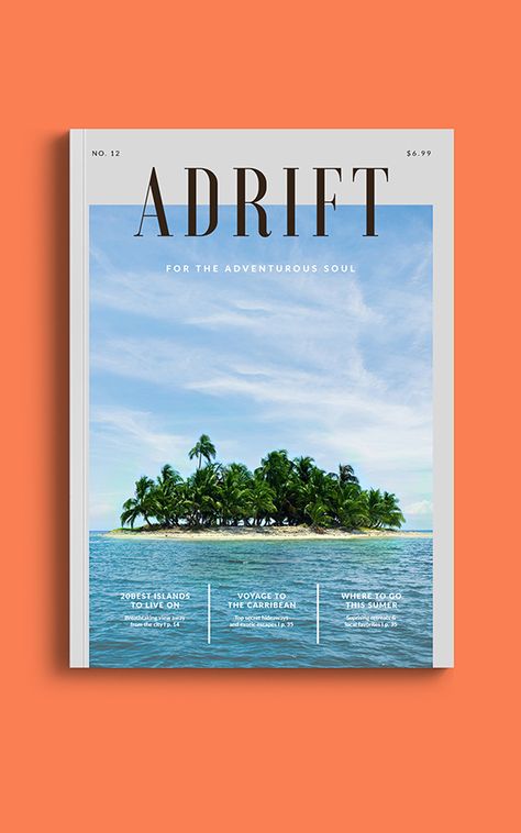 ADRIFT MAGAZINE COVER DESIGN ( correct fonts ) Classic Magazine Design, Magazine Book Cover Design, Magazine Back Cover Layout, Magazine Header Design, Outdoor Magazine Cover, Publication Design Cover, Beach Magazine Cover, Cover Magazine Design Inspiration, Magazine Cover Ideas Design