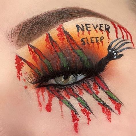 Freddy Krueger Eyeshadow, Freddy Krueger Eye Makeup, Freddie Kruger Makeup, Fred Kruger, Halloween Eye Makeup Looks, Freddy Krueger Makeup, Eyeliner Wing, Halloween Eyeshadow, Creative Halloween Makeup