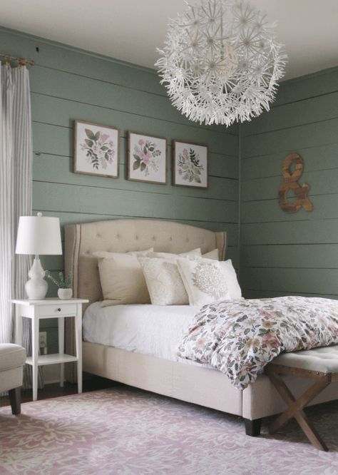 Sherwin Williams Evergreen Fog painted shiplap with neutral fabric bed and white bedding Sherwin Williams Evergreen Fog, Tufted Bedding, Evergreen Fog, Happy Room, Shoji White, Thistlewood Farms, New Paint Colors, Sherwin Williams Colors, White Bookcase