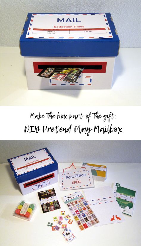 Make the box part of the gift: DIY Pretend Play Mailbox. Include a Mail Kit in the box with letter paper, postcards, envelopes, stamp stickers and self-inking stamps. Pretend Play Mailman, Mail Pretend Play, Pretend Mailbox Ideas, How To Make A Mailbox Out Of Paper, Mail Gift Box Ideas, Paper Mailbox Craft, How To Make A Mailbox Out Of Cardboard, Kids Mailbox Ideas, Paper Mailbox Diy