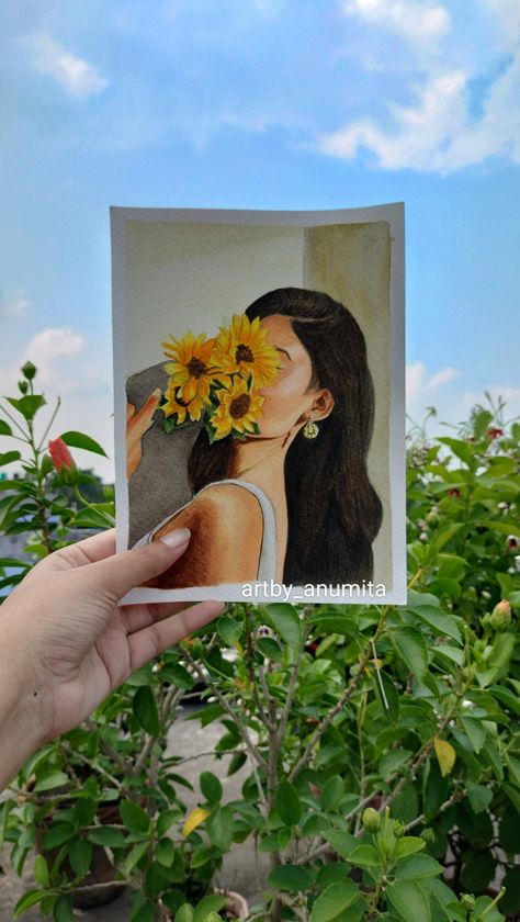 flower girl, sunflower girl, aesthetic art, good vibes Self Realization Art, Painting Ideas On Paper Aesthetic, Watercouler Paintings Aesthetic, Water Colour Flower Painting Aesthetic, Self Potraits Idea, Painting On Diary Page, Aesthetic Pencil Sketches, Asthetic Sketchs, Reference For Painting