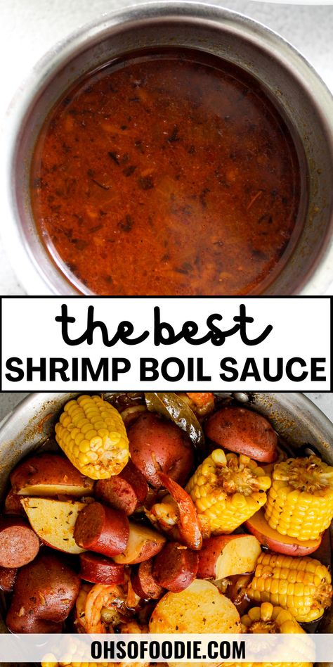 Text reads the best shrimp boil sauce Keto Shrimp Boil Recipe, Seafood Boil For Two, Crab Boil Recipe Easy, Quick Seafood Boil, Cajun Crab Boil Sauce, Small Shrimp Boil, One Pot Seafood Boil, Captains Boil Sauce Recipe, Seafood Boil Sauce Recipe Easy