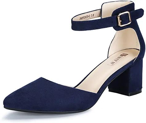 Blue Dress And Heels, Navy Blue Dress Shoes, Blue Block Heels, Heels Comfortable, Navy Blue Shoes, Office Shoes Women, Wedding Pumps, Womens Summer Shoes, Low Block Heels