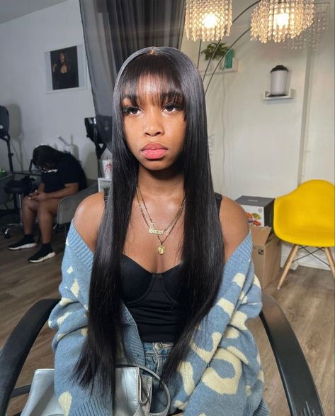 Bangs Side Part Wig, Long Black Wig With Bangs, Bangs With Wig, Leave Out With Bangs, Jt Bangs, Bangs Lace Front Wig, Braids With Bundles, See In With Bangs, Bang Sew In