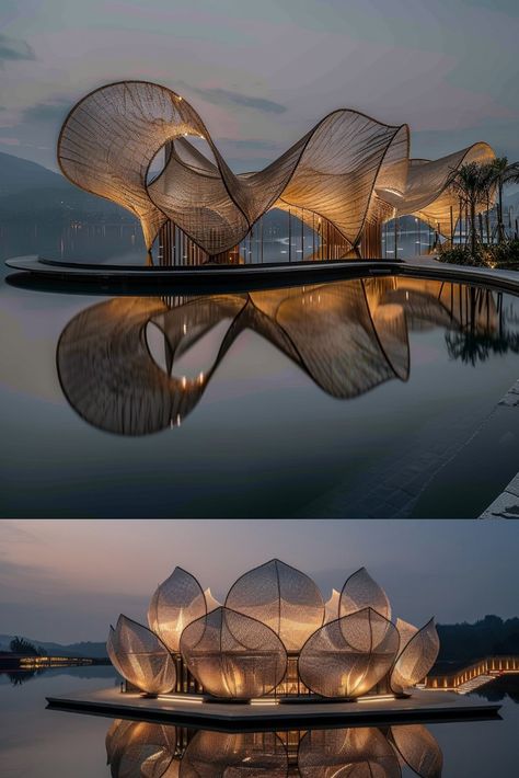 Organic Pavilion Architecture, Wave Ceiling Design Interiors, Different Types Of Architecture Styles, Wire Structure Architecture, Folly Architecture Ideas, Form And Space Architecture Model, Architecture Inspired By Water, Crazy Architecture Design, Nature Building Architecture