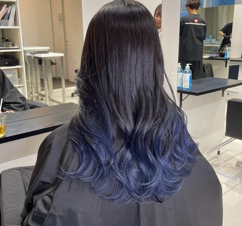 Black To Dark Blue Ombre Hair, Blue Ends On Black Hair, Blue Hair Ombre Brown, Black Hair With Blue Ends, Dark Blue Underneath Hair, Dark Blue Highlights In Black Hair, Black Hair With Blue Tips, Blue Ends Hair, Dark Navy Blue Hair